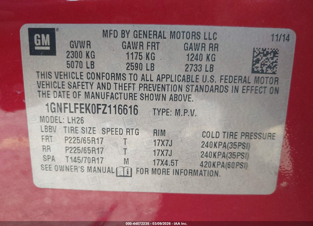 2015 CHEVROLET EQUINOX 1LT VIN: 1GNFLFEK0FZ116616