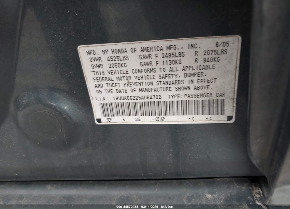 2005 ACURA TL VIN: 19UUA66225A064702