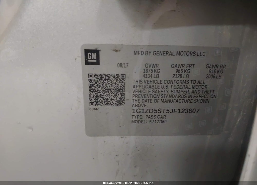 2018 CHEVROLET MALIBU LT VIN: 1G1ZD5ST5JF123607