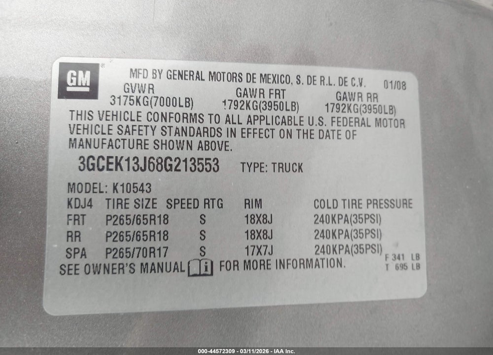 2008 CHEVROLET SILVERADO 1500 LTZ VIN: 3GCEK13J68G213553