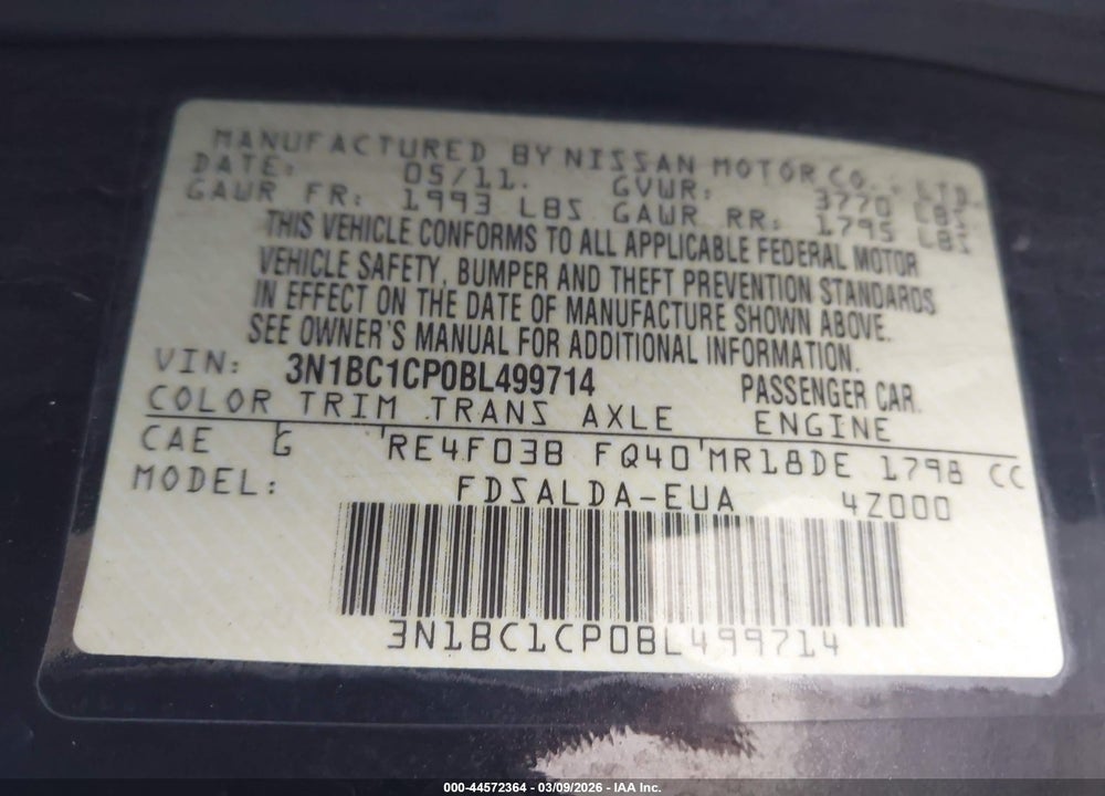 2011 NISSAN VERSA 1.8S VIN: 3N1BC1CP0BL499714