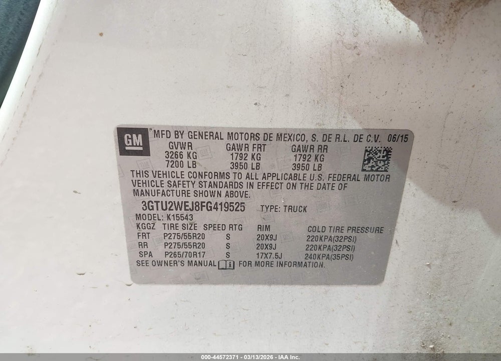 2015 GMC SIERRA 1500 DENALI VIN: 3GTU2WEJ8FG419525