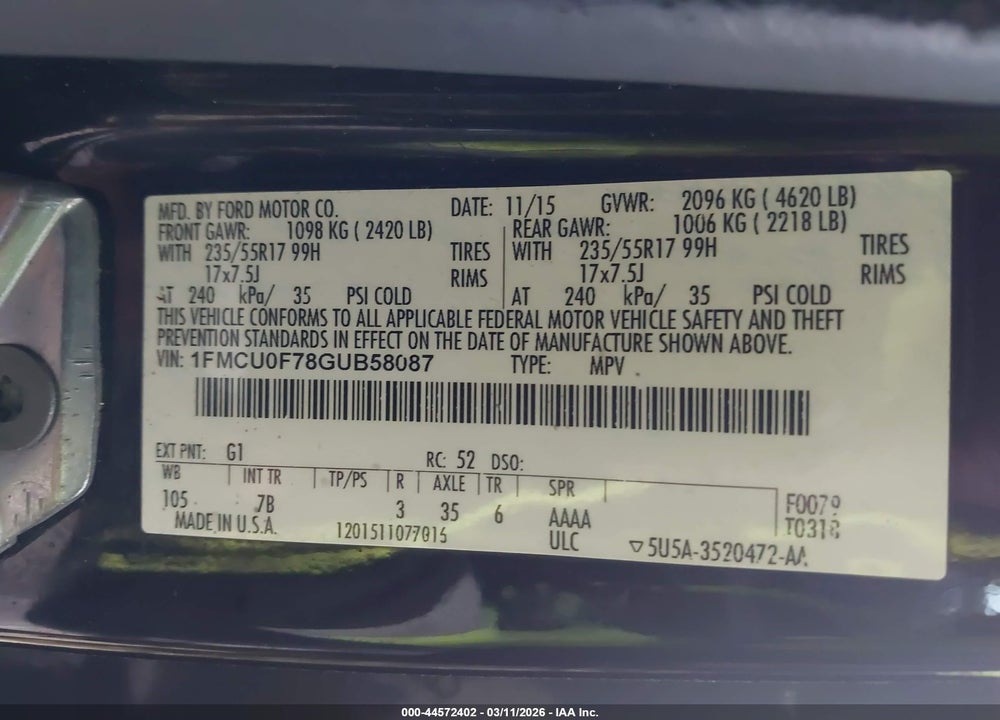 2016 FORD ESCAPE S VIN: 1FMCU0F78GUB58087