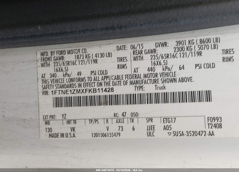2015 FORD TRANSIT-150 VIN: 1FTNE1ZMXFKB11428