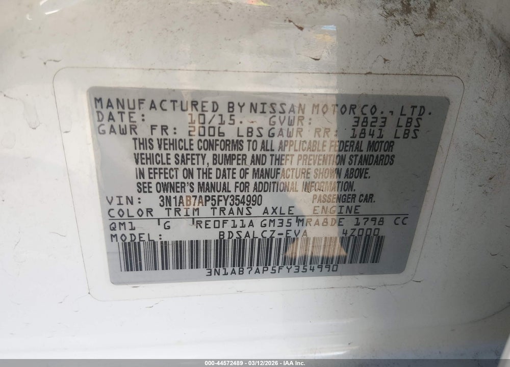2015 NISSAN SENTRA S VIN: 3N1AB7AP5FY354990