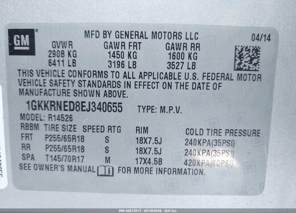 2014 GMC ACADIA SLE-1 VIN: 1GKKRNED8EJ340655