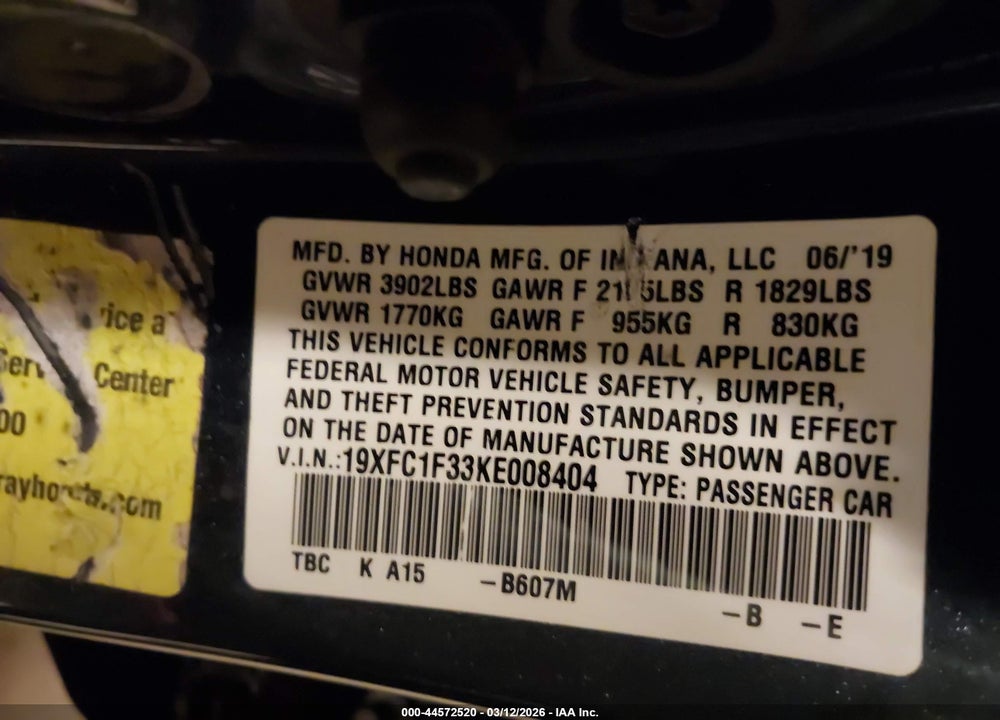 2019 HONDA CIVIC EX VIN: 19XFC1F33KE008404