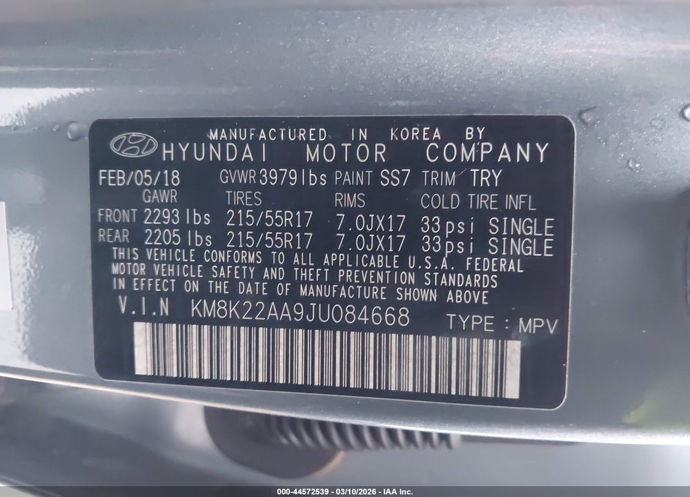 2018 HYUNDAI KONA SEL VIN: KM8K22AA9JU084668
