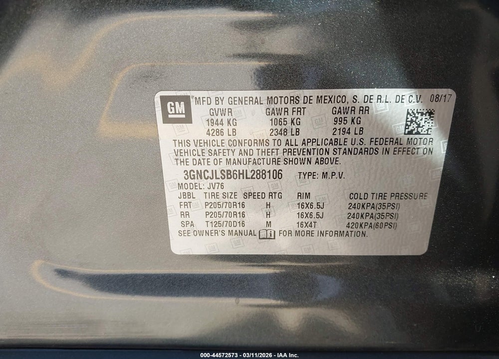 2017 CHEVROLET TRAX LT VIN: 3GNCJLSB6HL288106