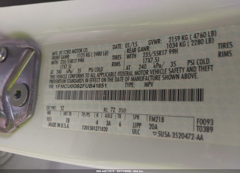 2015 FORD ESCAPE SE VIN: 1FMCU0G92FUB41851