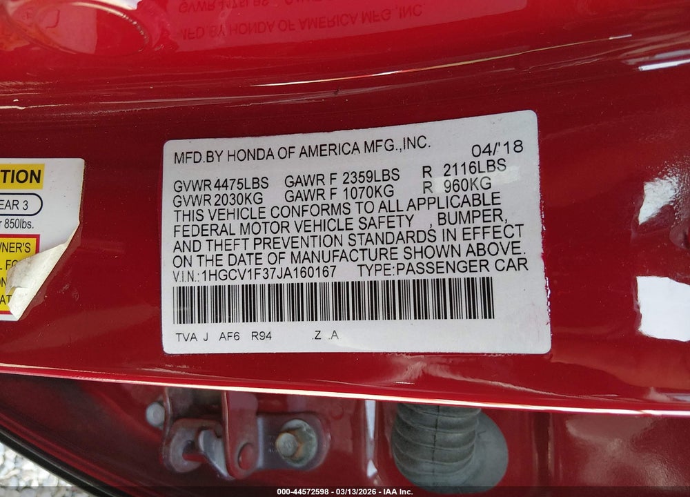 2018 HONDA ACCORD SPORT VIN: 1HGCV1F37JA160167
