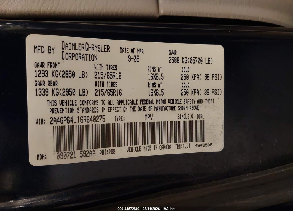2006 CHRYSLER TOWN & COUNTRY LIMITED VIN: 2A4GP64L16R640275