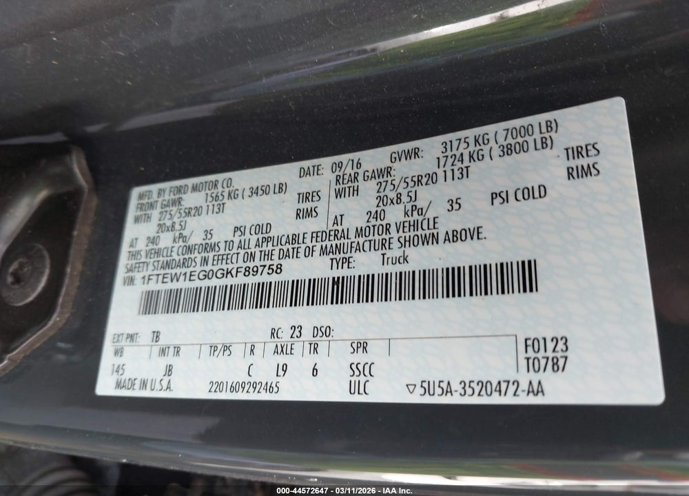 2016 FORD F-150 XLT VIN: 1FTEW1EG0GKF89758