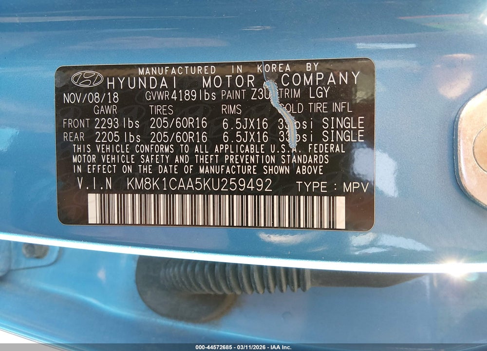 2019 HYUNDAI KONA SE VIN: KM8K1CAA5KU259492