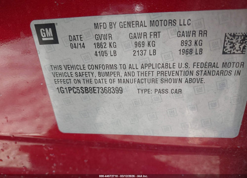 2014 CHEVROLET CRUZE 1LT AUTO VIN: 1G1PC5SB8E7368399