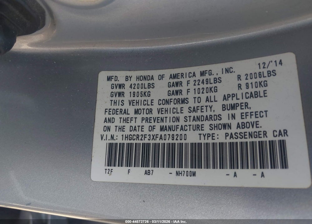 2015 HONDA ACCORD LX VIN: 1HGCR2F3XFA079200