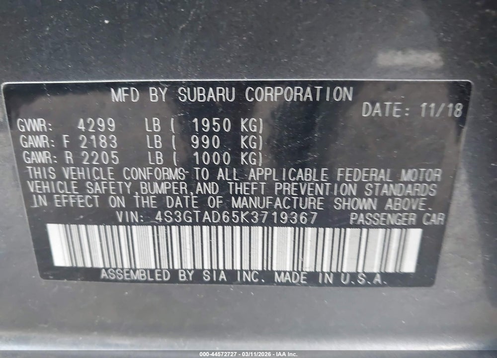 2019 SUBARU IMPREZA 2.0I PREMIUM VIN: 4S3GTAD65K3719367