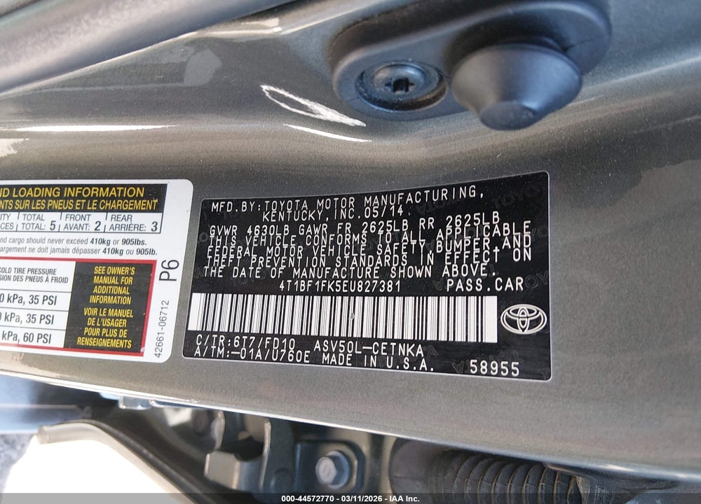 2014 TOYOTA CAMRY LE VIN: 4T1BF1FK5EU827381