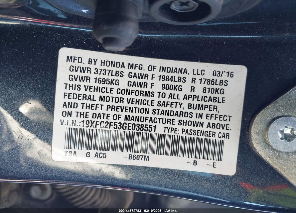 2016 HONDA CIVIC LX VIN: 19XFC2F53GE038551