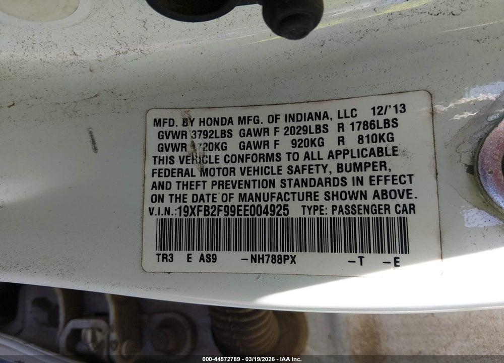 2014 HONDA CIVIC EX-L VIN: 19XFB2F99EE004925