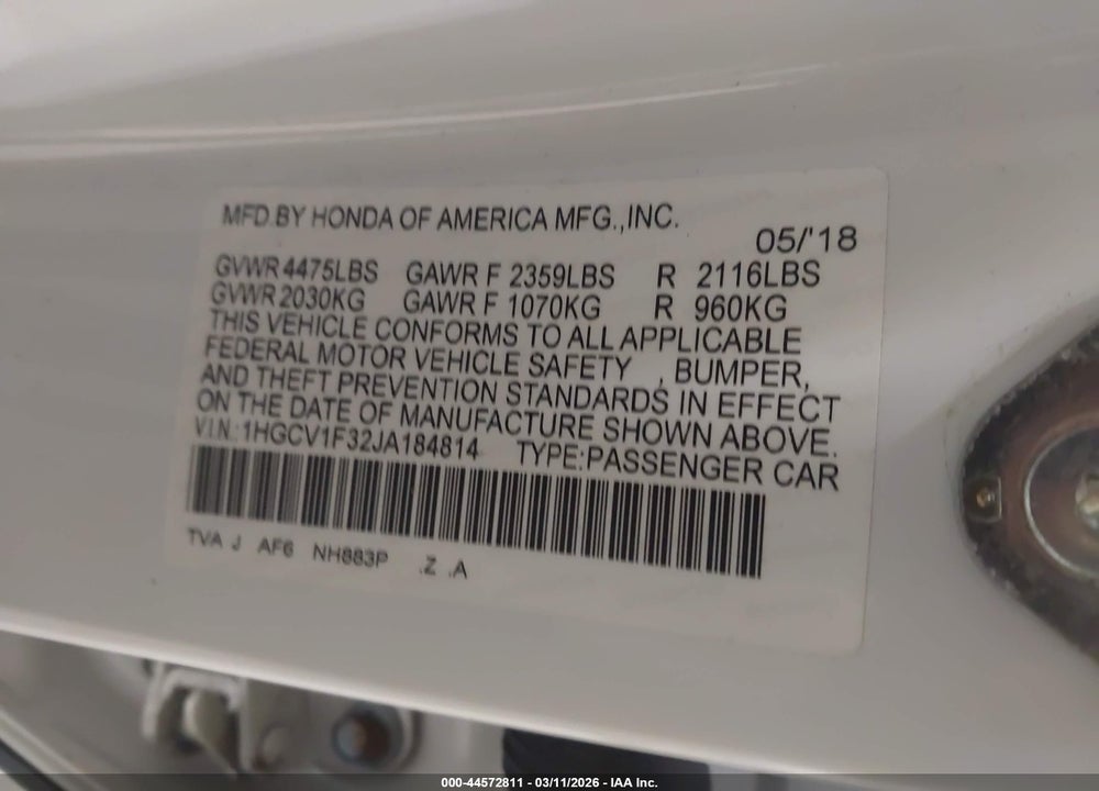 2018 HONDA ACCORD SPO VIN: 1HGCV1F32JA184814