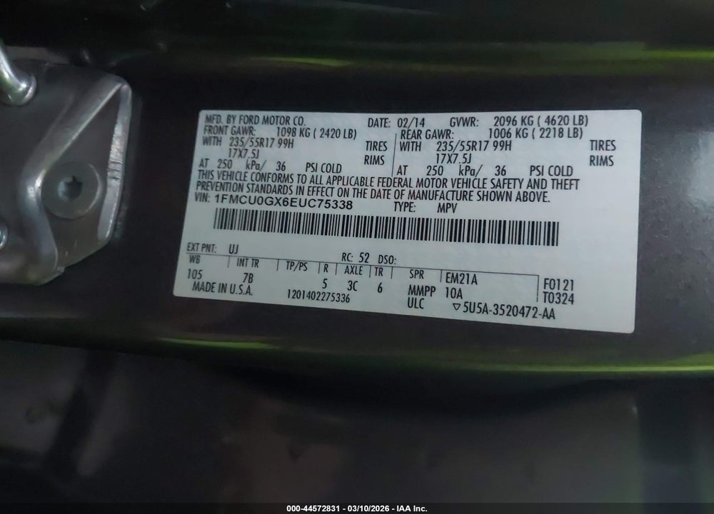 2014 FORD ESCAPE SE VIN: 1FMCU0GX6EUC75338