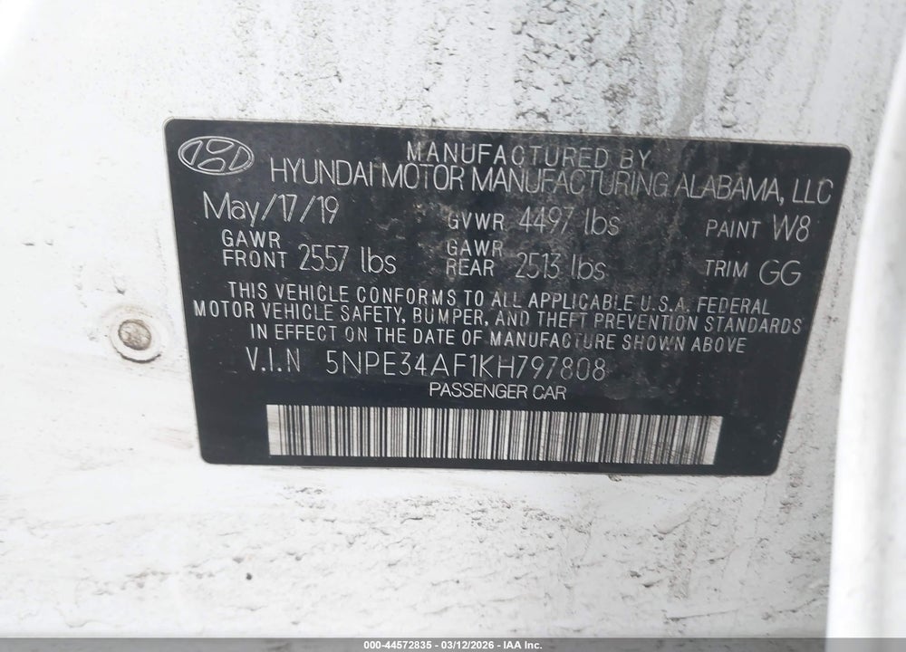 2019 HYUNDAI SONATA SEL VIN: 5NPE34AF1KH797808