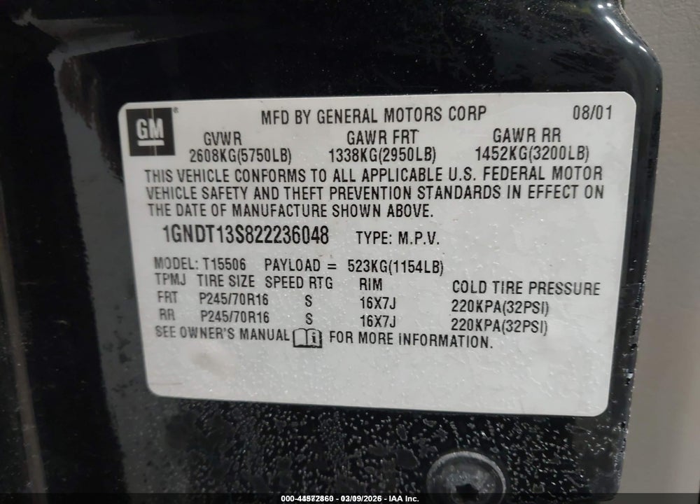 2002 CHEVROLET TRAILBLAZER LS VIN: 1GNDT13S822236048