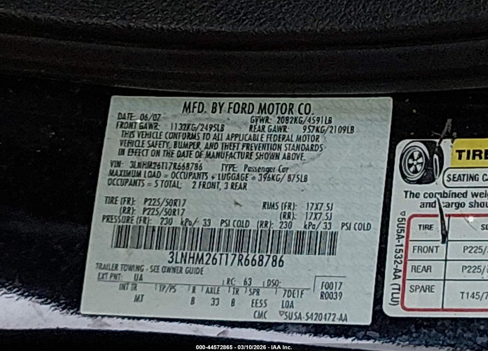 2007 LINCOLN MKZ VIN: 3LNHM26T17R668786