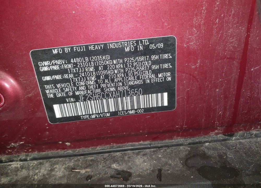 2010 SUBARU FORESTER 2.5X PREMIUM VIN: JF2SH6CCXAH713650