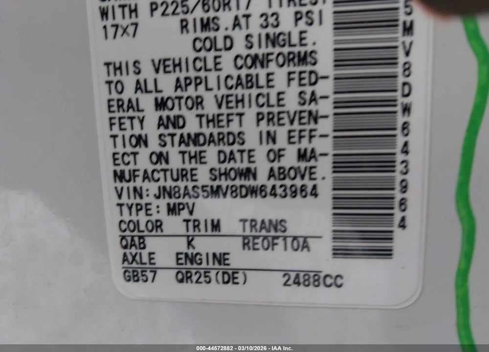 2013 NISSAN ROGUE SV VIN: JN8AS5MV8DW643964