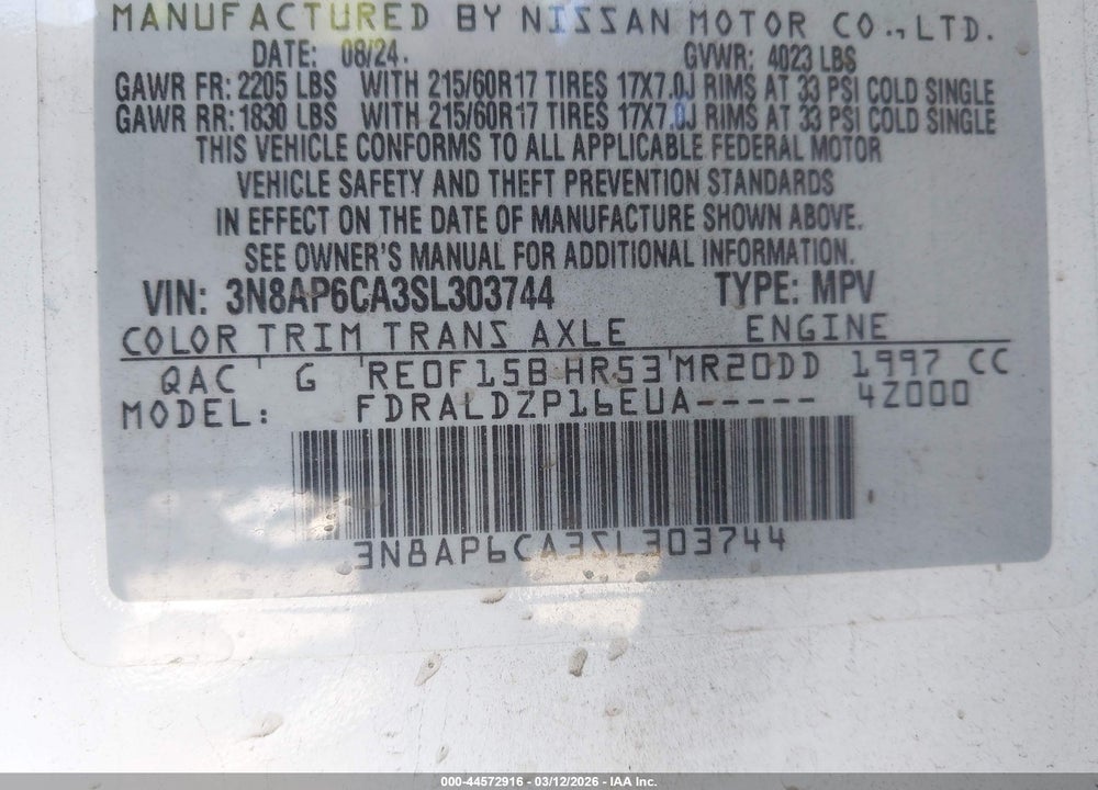 2025 NISSAN KICKS SV FWD VIN: 3N8AP6CA3SL303744