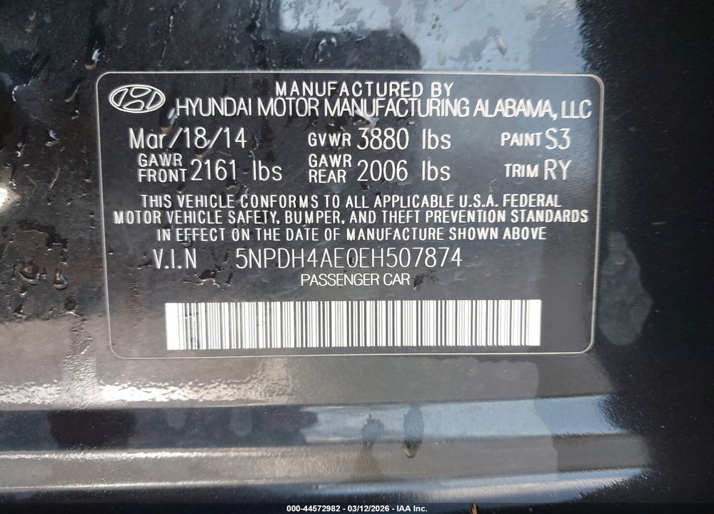 2014 HYUNDAI ELANTRA LIMITED VIN: 5NPDH4AE0EH507874