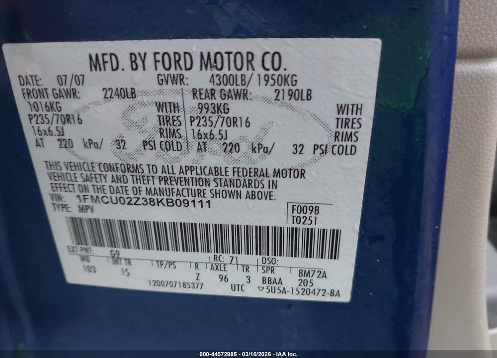 2008 FORD ESCAPE XLS/XLS MANUAL VIN: 1FMCU02Z38KB09111