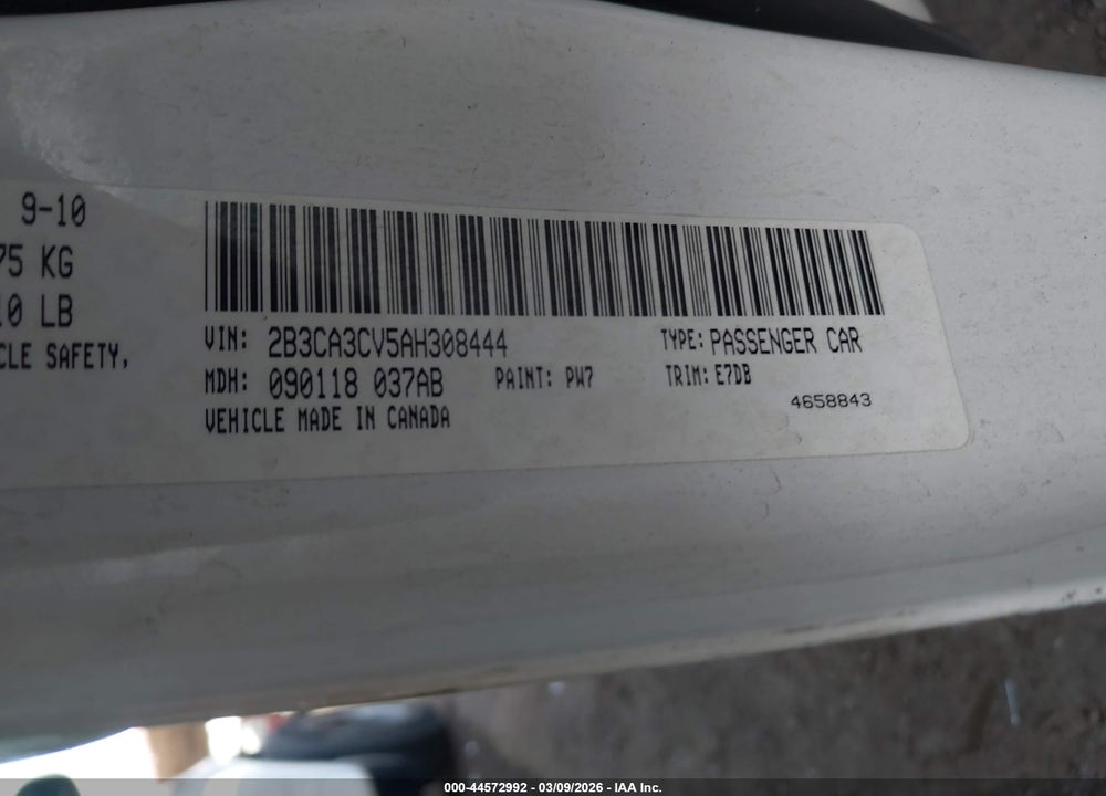 2010 DODGE CHARGER SXT VIN: 2B3CA3CV5AH308444