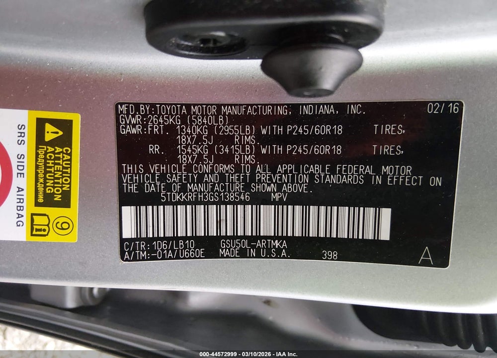 2016 TOYOTA HIGHLANDER XLE V6 VIN: 5TDKKRFH3GS138546