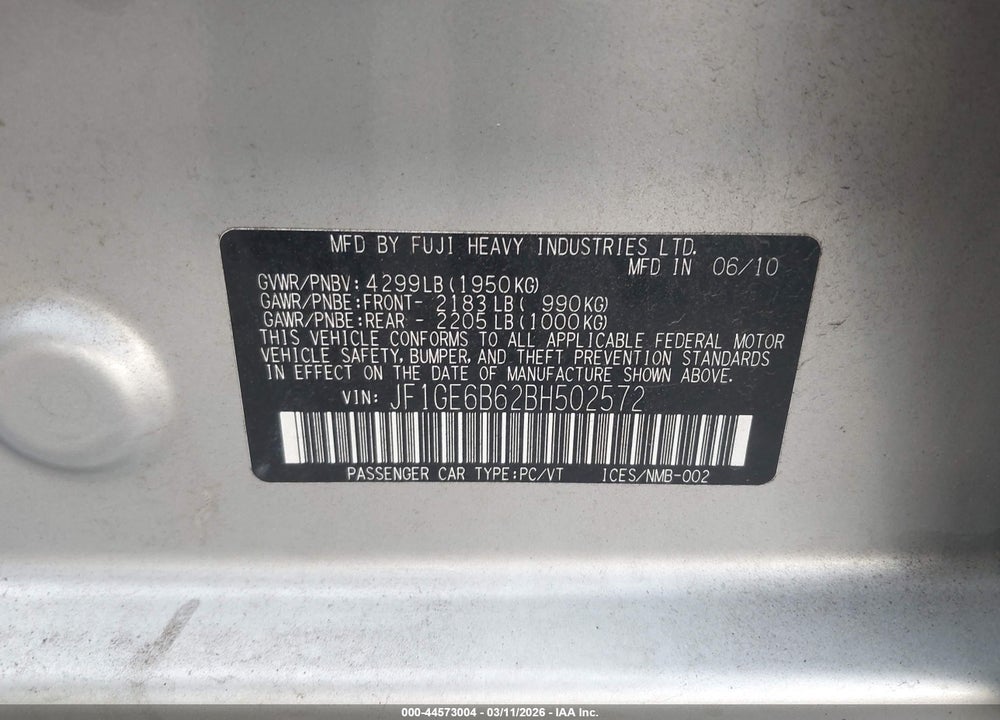 2011 SUBARU IMPREZA 2.5I PREMIUM VIN: JF1GE6B62BH502572