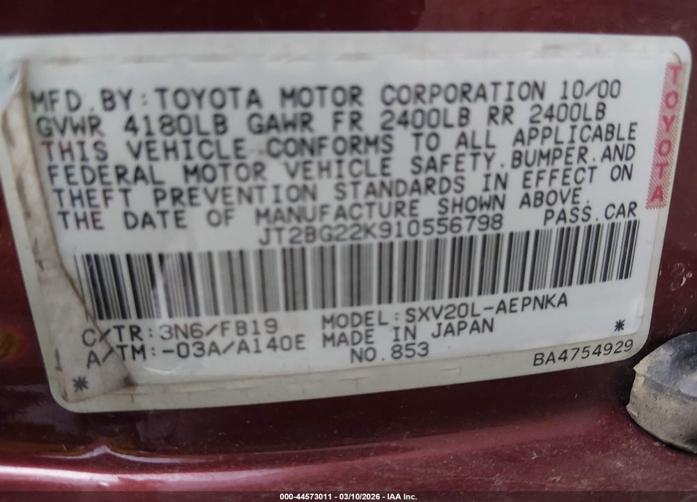 2001 TOYOTA CAMRY LE VIN: JT2BG22K910556798