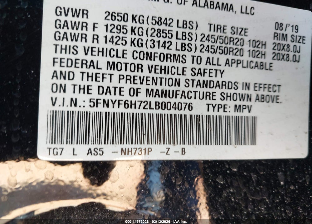 2020 HONDA PILOT AWD BLACK EDITION VIN: 5FNYF6H72LB004076
