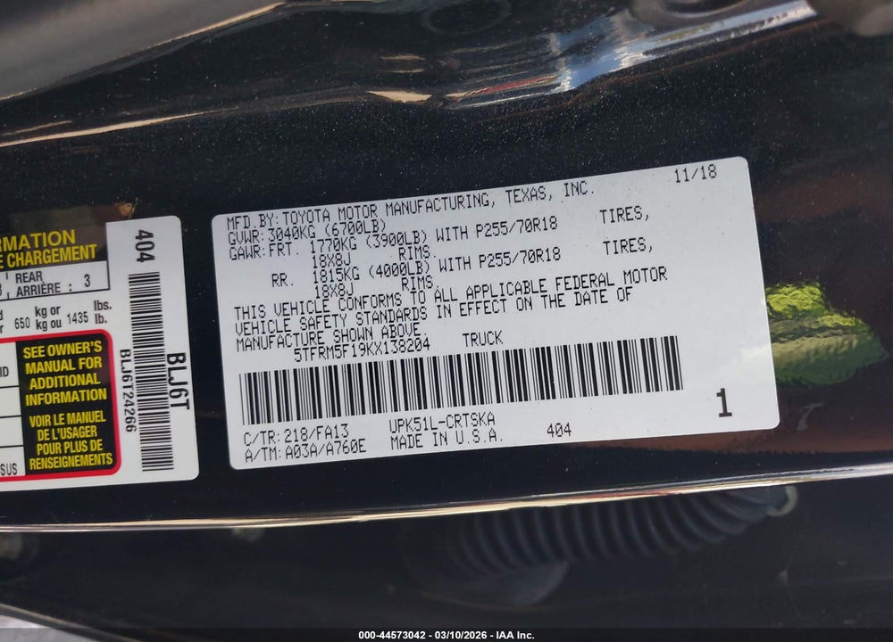 2019 TOYOTA TUNDRA SR 4.6L V8 VIN: 5TFRM5F19KX138204