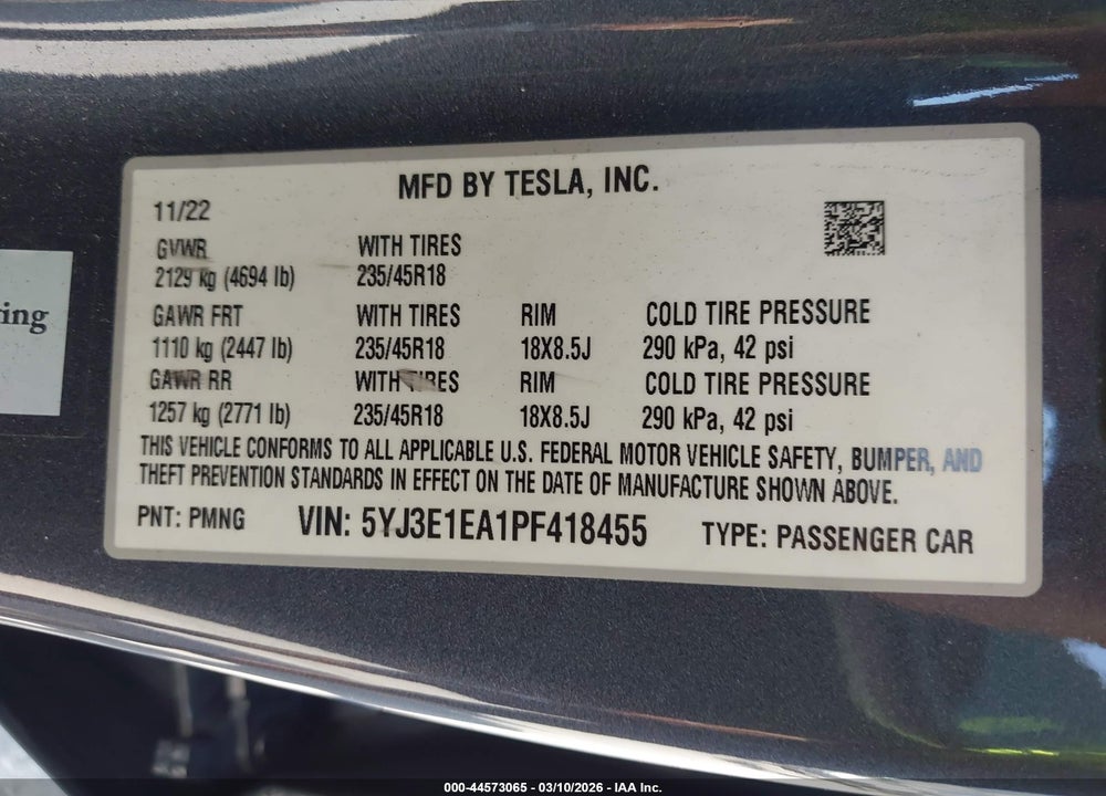 2023 TESLA MODEL 3 REAR-WHEEL DRIVE VIN: 5YJ3E1EA1PF418455