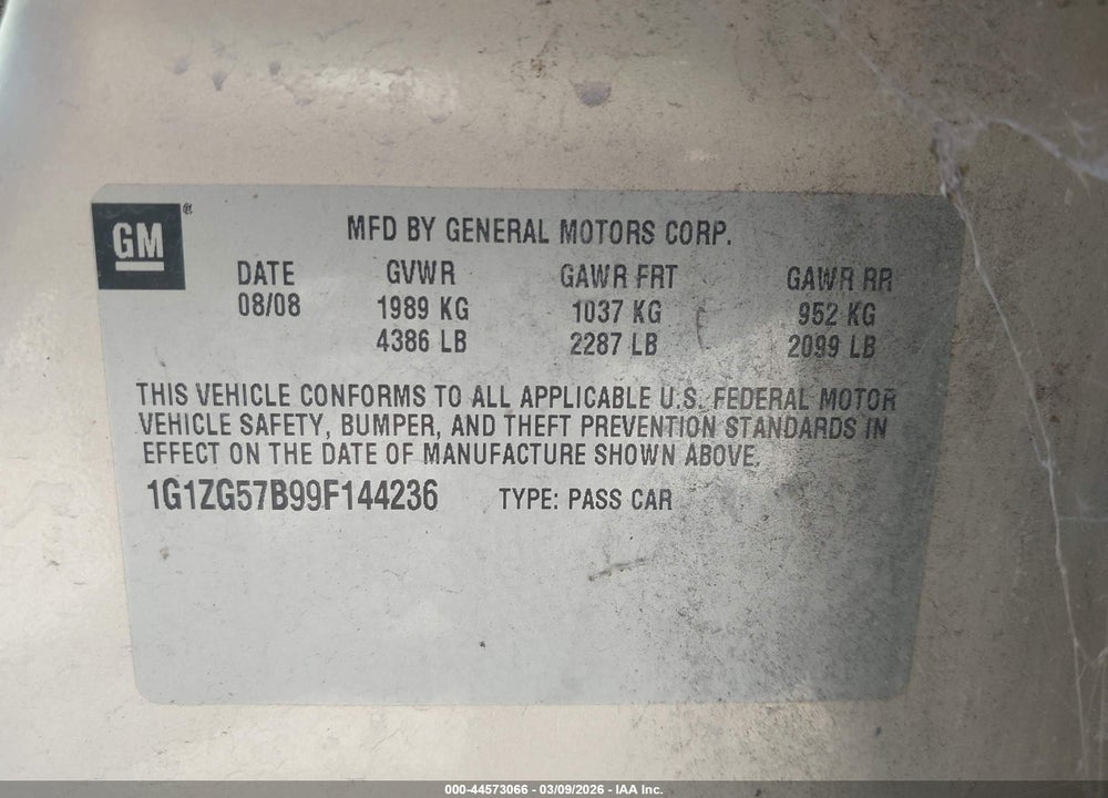 2009 CHEVROLET MALIBU LS VIN: 1G1ZG57B99F144236