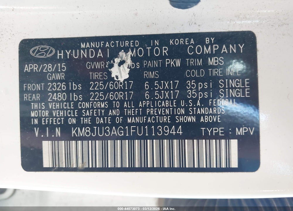 2015 HYUNDAI TUCSON SE VIN: KM8JU3AG1FU113944