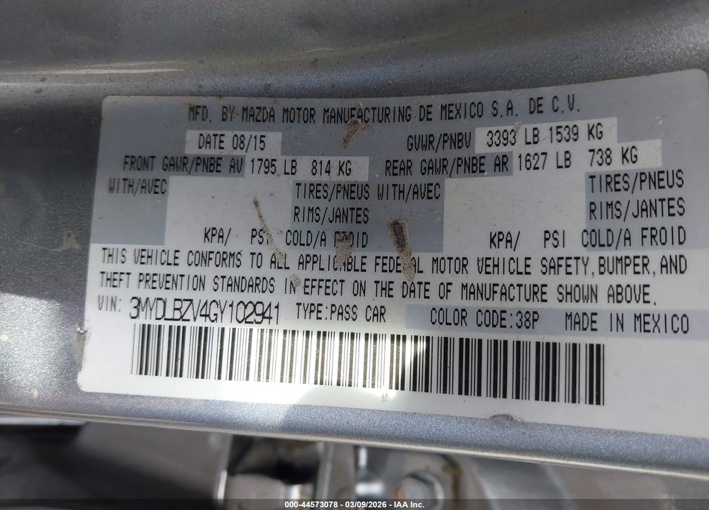 2016 SCION IA VIN: 3MYDLBZV4GY102941