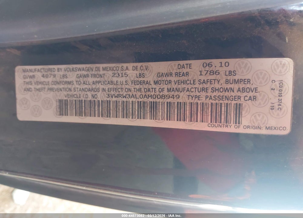 2010 VOLKSWAGEN NEW BEETLE 2.5L VIN: 3VWRW3AL0AM008949