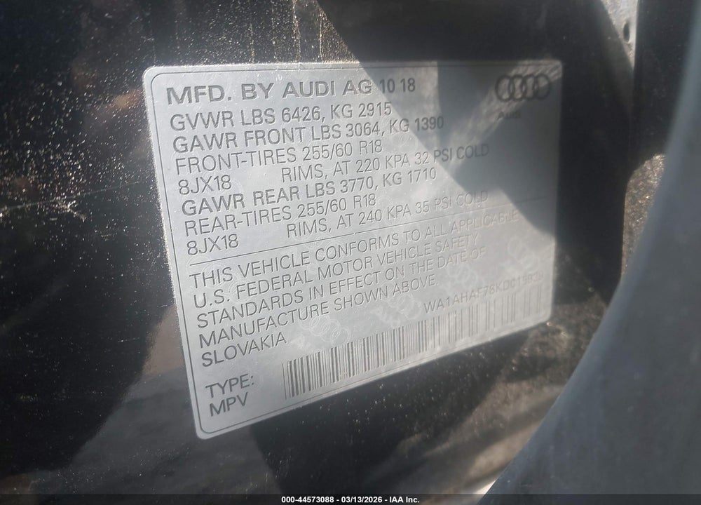 2019 AUDI Q7 45 PREMIUM VIN: WA1AHAF78KD015939