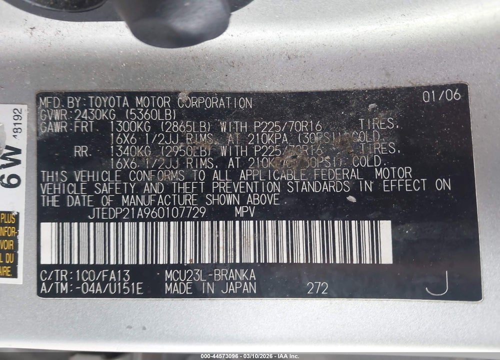 2006 TOYOTA HIGHLANDER V6 VIN: JTEDP21A960107729