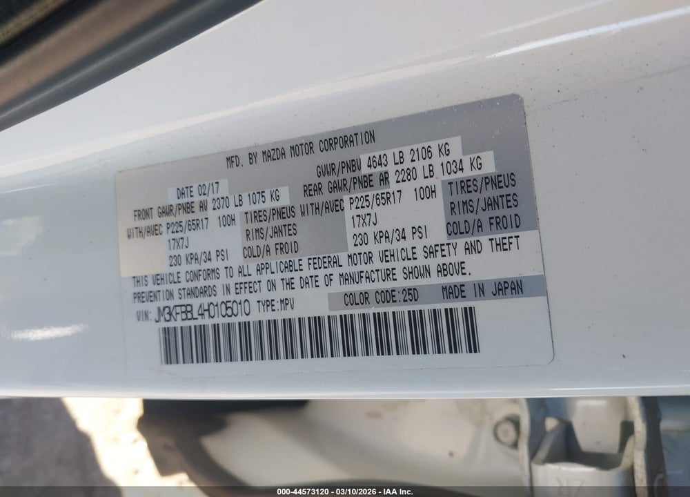 2017 MAZDA CX-5 SPORT VIN: JM3KFBBL4H0105010