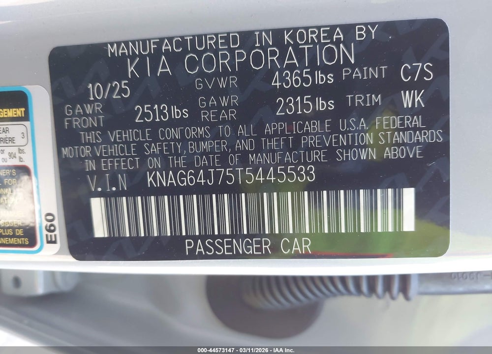 2026 KIA K5 GT-LINE FWD VIN: KNAG64J75T5445533