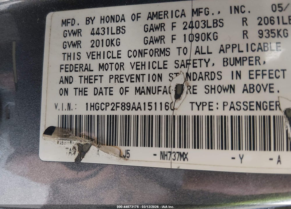 2010 HONDA ACCORD 2.4 EX-L VIN: 1HGCP2F89AA151160